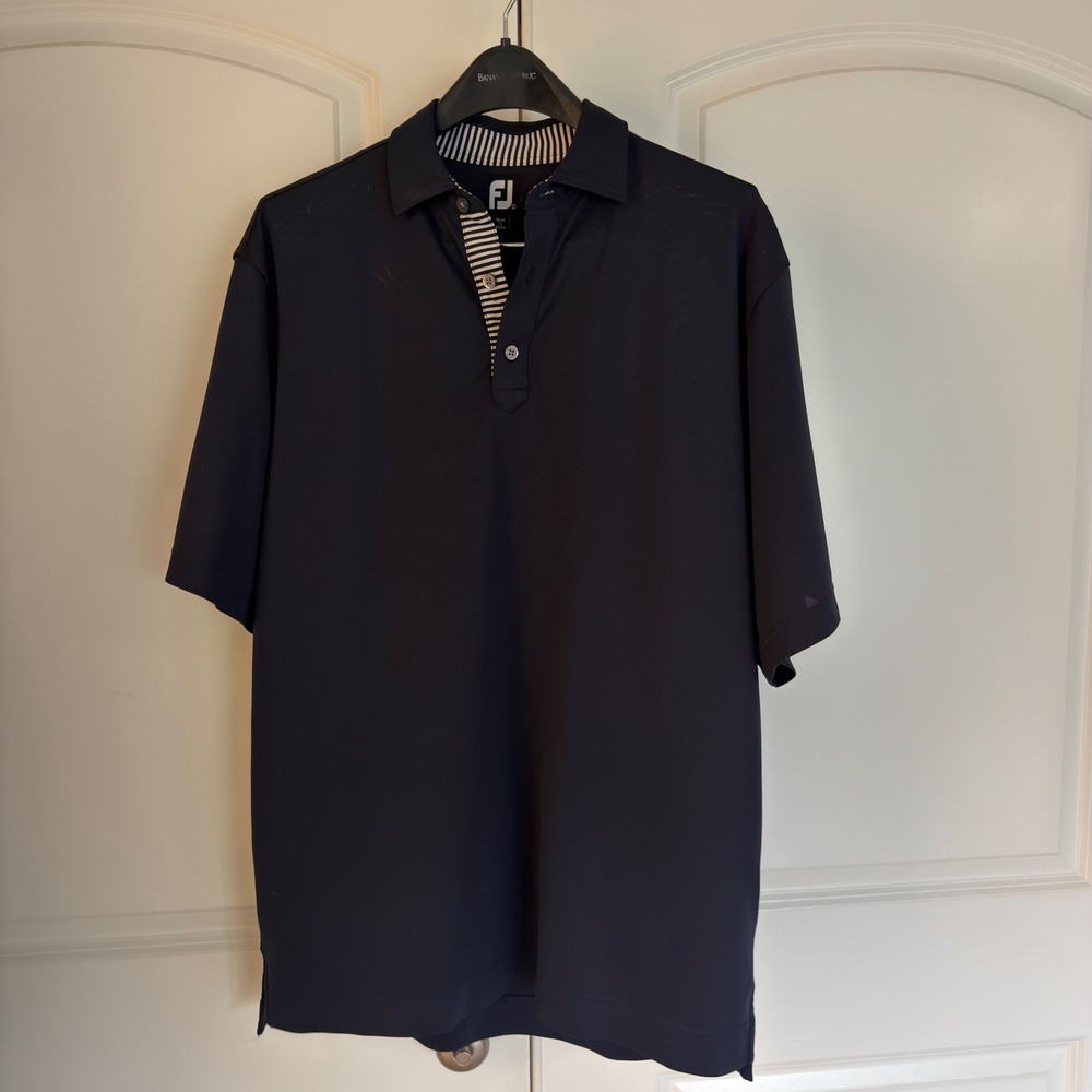 FootJoy Mens Navy Blue Performance Golf Polo Shirt Short Sleeve Striped Trim L